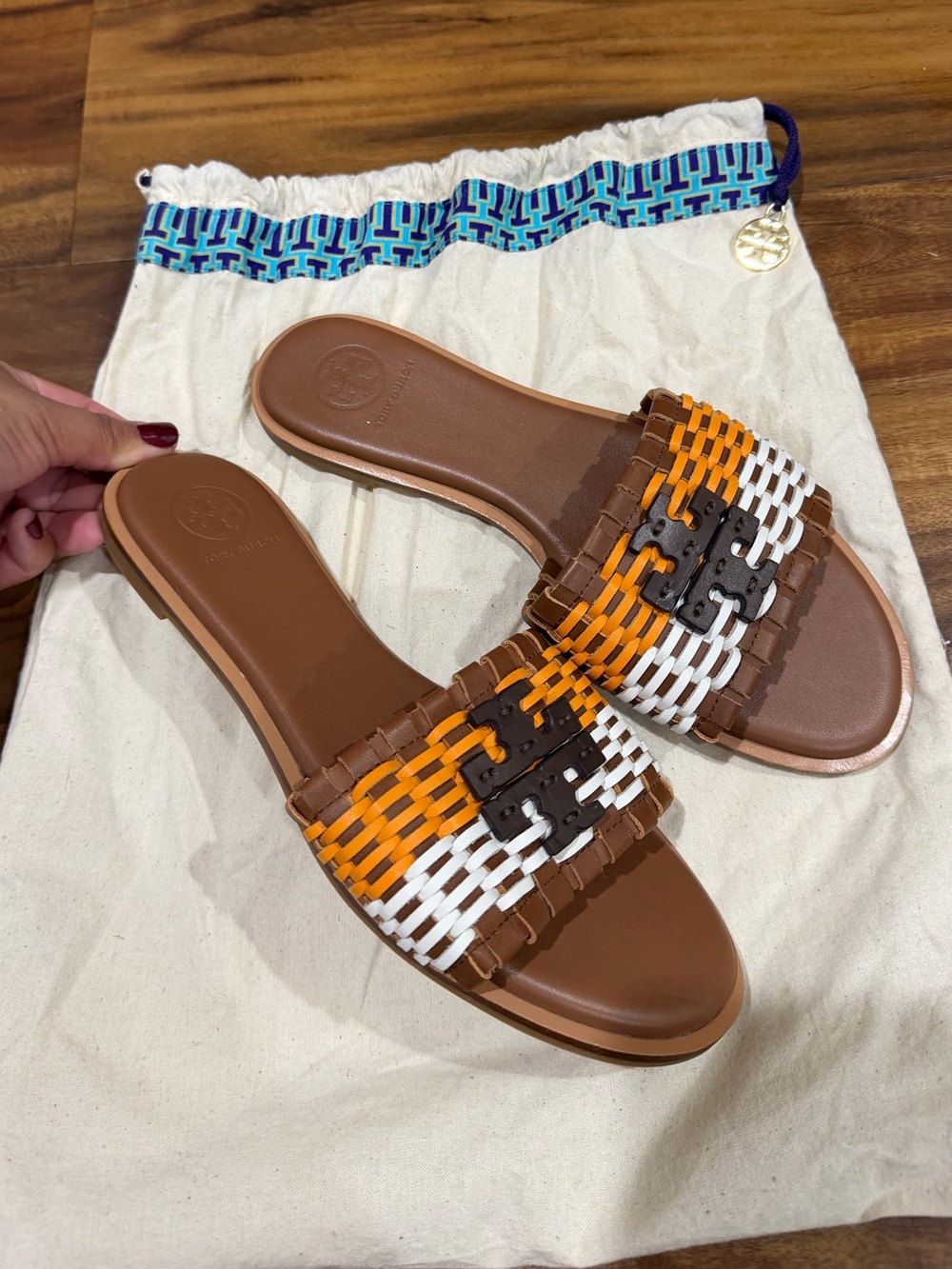 Tory Burch Woven Leather Slide Sandals in Brown, Orange & White size 7